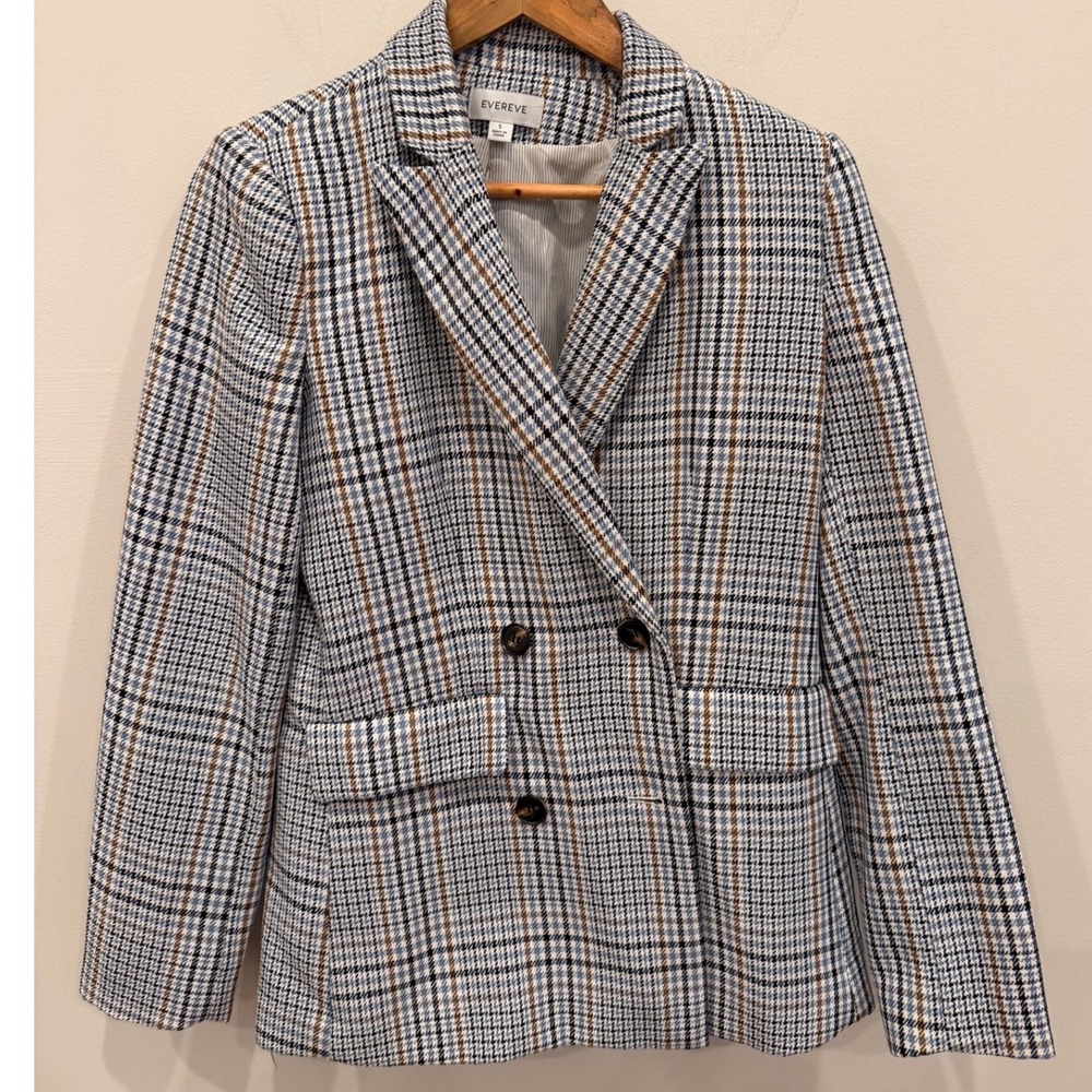 Evereve Womens Blue Tan Glen Plaid Double Breasted Blazer Jacket Size S Small